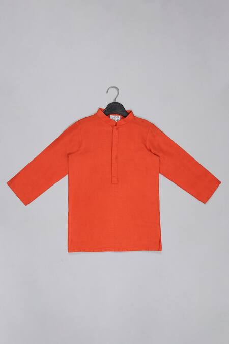 Little Brats_Gray Cotton, Silk Embroidery Designer Orange And Grey Kurta Set _Online_at_Aza_Fashions