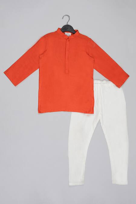 Shop_Little Brats_Gray Cotton, Silk Embroidery Designer Orange And Grey Kurta Set _Online_at_Aza_Fashions