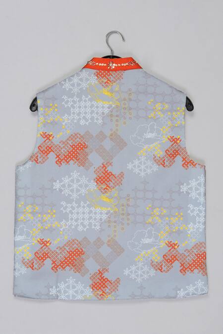 Little Brats_Gray Cotton, Silk Embroidery Designer Orange And Grey Kurta Set _at_Aza_Fashions