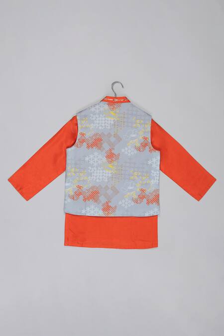 Buy_Little Brats_Gray Cotton, Silk Embroidery Designer Orange And Grey Kurta Set 