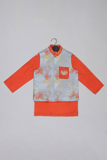 Shop_Little Brats_Gray Cotton, Silk Embroidery Designer Orange And Grey Kurta Set 