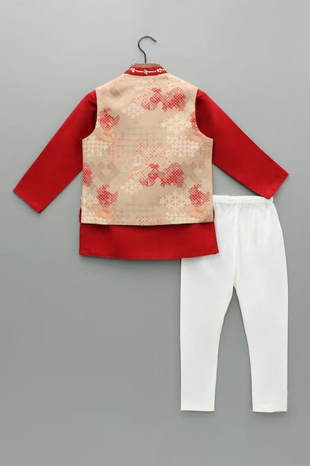 Little Brats Red Cotton Silk Kurta Set 