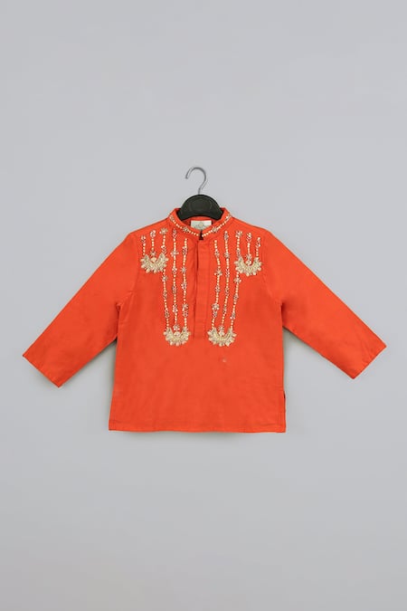 Buy_Little Brats_Orange Cotton, Silk Embroidery Kurta And Dhoti Set _Online_at_Aza_Fashions
