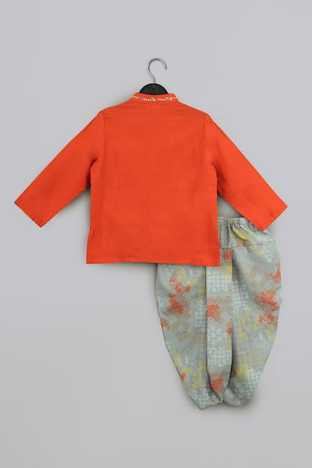 Little Brats Orange Embroidered Kurta & Dhoti Set 