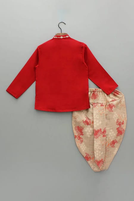 Little Brats Red Embroidered Kurta & Dhoti Set 
