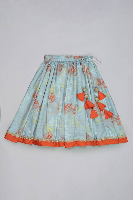 Buy_Little Brats_Orange Cotton, Silk Beads, Sequins, Tassels, Embroidery Blouse And Ghagara Set _Online_at_Aza_Fashions