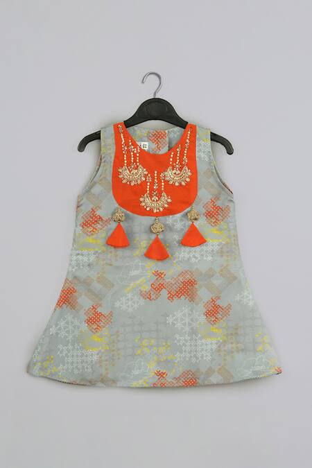 Buy_Little Brats_Gray Cotton, Silk Tassels, Beads, Embroidery Grey And Orange Top & Sharara Set _Online_at_Aza_Fashions
