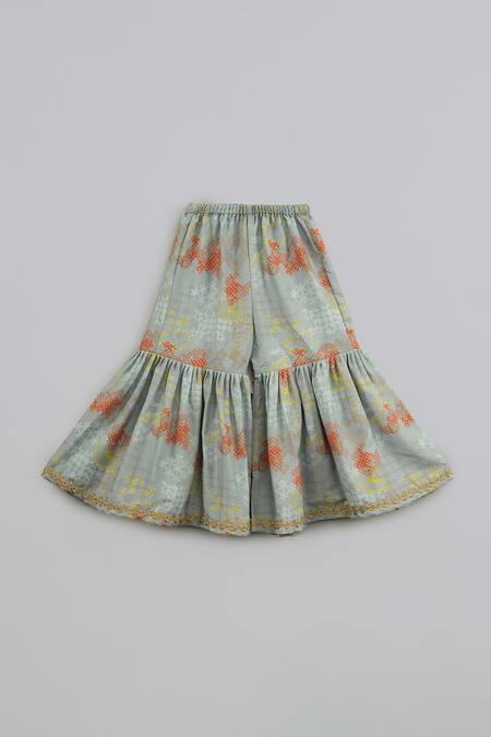 Shop_Little Brats_Gray Cotton, Silk Tassels, Beads, Embroidery Grey And Orange Top & Sharara Set _Online_at_Aza_Fashions