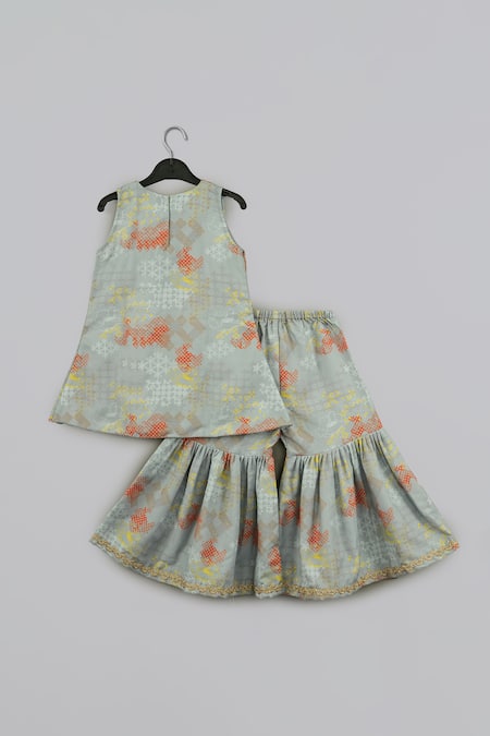 Little Brats Grey & Orange Embroidered Top & Sharara Set 