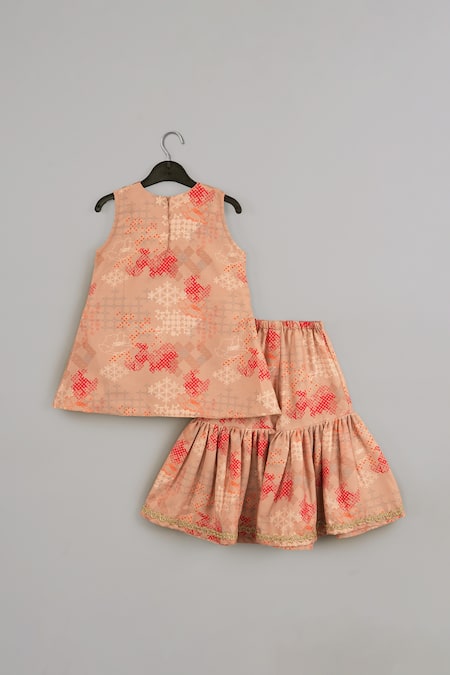 Little Brats Beige & Red Embroidered Top & Sharara Set 