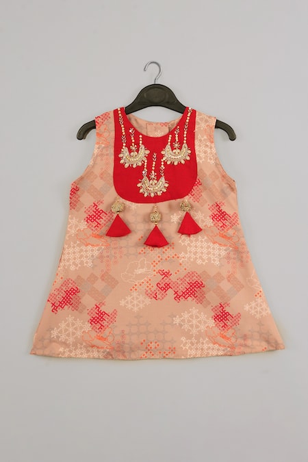 Shop_Little Brats_Beige Cotton, Silk Tassels, Embroidery And Red Top & Sharara Set _Online_at_Aza_Fashions