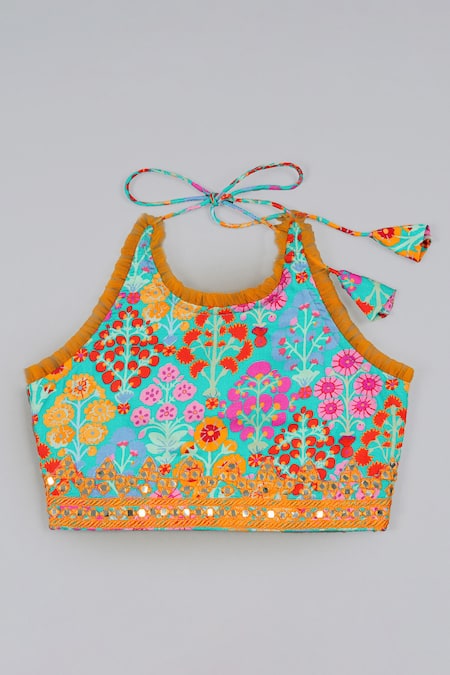 Little Brats_Turquoise Cotton, Silk Tassels Blue Embroidered Blouse And Ghagara Set _Online_at_Aza_Fashions