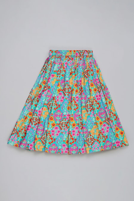 Buy_Little Brats_Turquoise Cotton, Silk Tassels Blue Embroidered Blouse And Ghagara Set _Online_at_Aza_Fashions