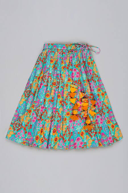 Shop_Little Brats_Turquoise Cotton, Silk Tassels Blue Embroidered Blouse And Ghagara Set _Online_at_Aza_Fashions