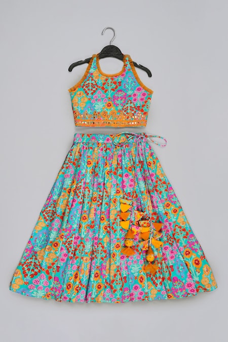 Little Brats Turquoise Cotton, Silk Tassels Blue Embroidered Blouse And Ghagara Set 