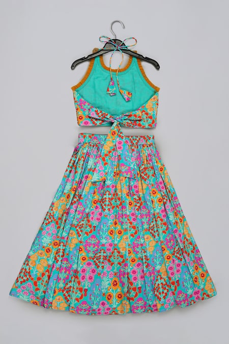 Little Brats Blue Embroidered Blouse & Ghagara Set 