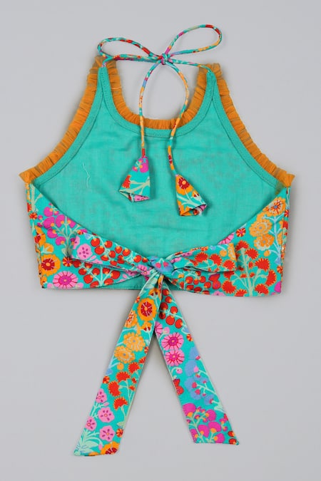 Little Brats_Turquoise Cotton, Silk Tassels Blue Embroidered Blouse And Ghagara Set _at_Aza_Fashions