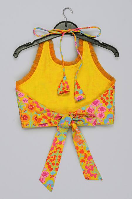 Little Brats_Mustard Cotton, Silk Tassels Embroidered Blouse And Ghagara Set _Online_at_Aza_Fashions