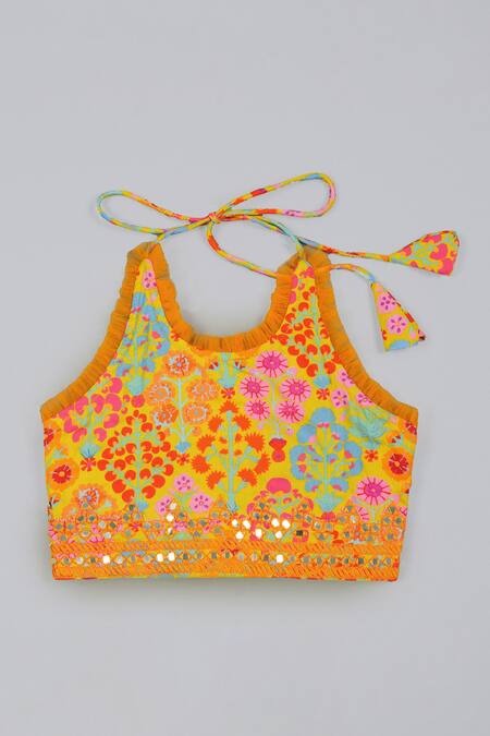 Buy_Little Brats_Mustard Cotton, Silk Tassels Embroidered Blouse And Ghagara Set _Online_at_Aza_Fashions