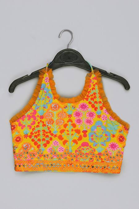 Shop_Little Brats_Mustard Cotton, Silk Tassels Embroidered Blouse And Ghagara Set _Online_at_Aza_Fashions