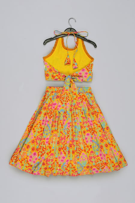 Little Brats Mustard Embroidered Blouse & Ghagara Set 