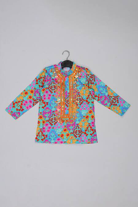 Shop_Little Brats_Blue Cotton, Silk Embroidery Multicolor Kurta And Dhoti Set _Online_at_Aza_Fashions