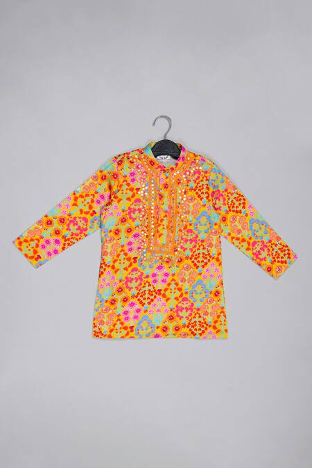 Shop_Little Brats_Mustard Cotton, Silk Beads Embroidered Kurta And Dhotis Set _Online_at_Aza_Fashions