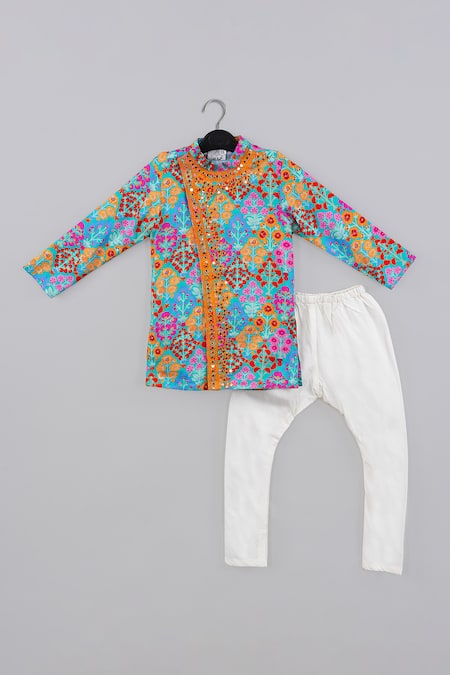 Little Brats Blue Cotton, Silk Embroidery Designer Floral Kurta And Pajama Set 