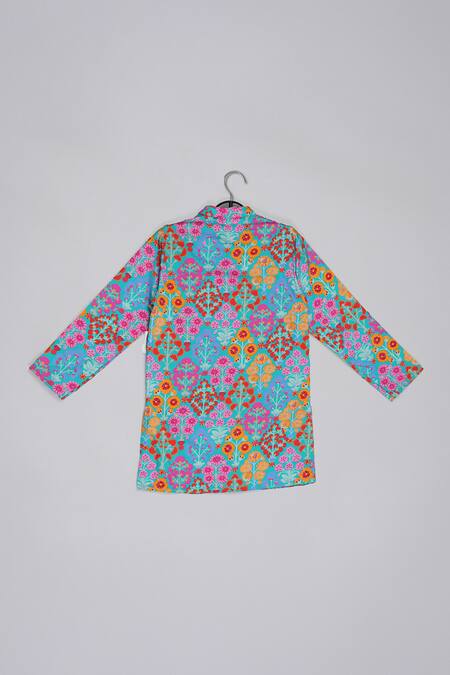 Little Brats_Blue Cotton, Silk Embroidery Designer Floral Kurta And Pajama Set _Online_at_Aza_Fashions