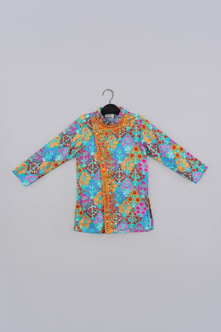 Buy_Little Brats_Blue Cotton, Silk Embroidery Designer Floral Kurta And Pajama Set _Online_at_Aza_Fashions