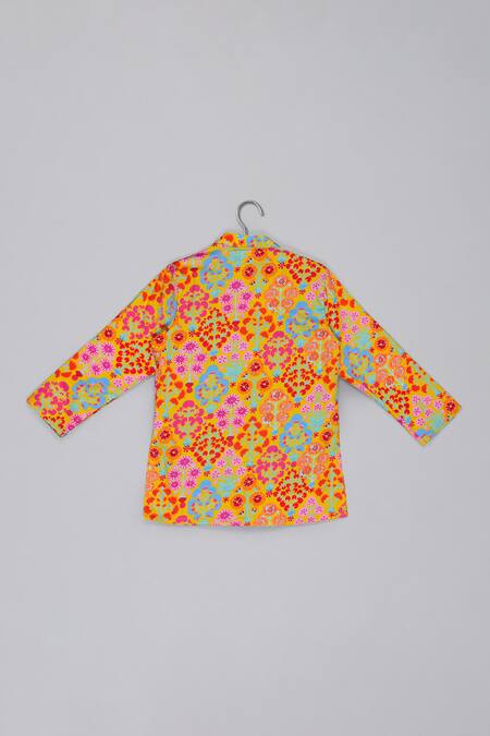 Little Brats_Mustard Cotton, Silk Embroidered Kurta And Pajama Set _Online_at_Aza_Fashions