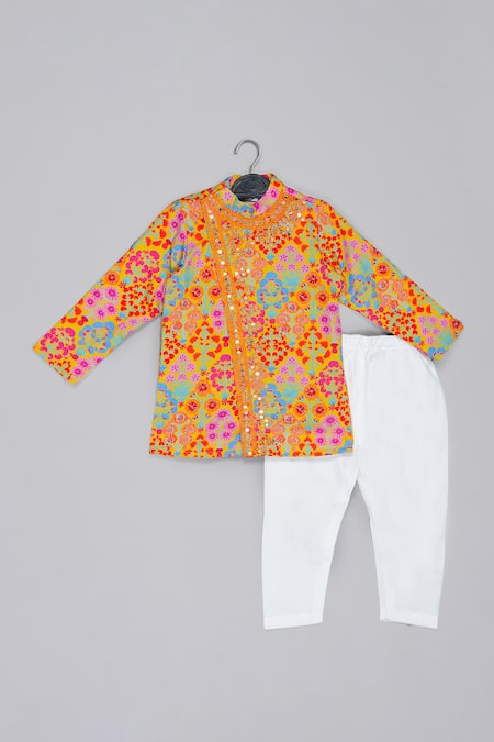 Little Brats Mustard Cotton, Silk Embroidered Kurta And Pajama Set 
