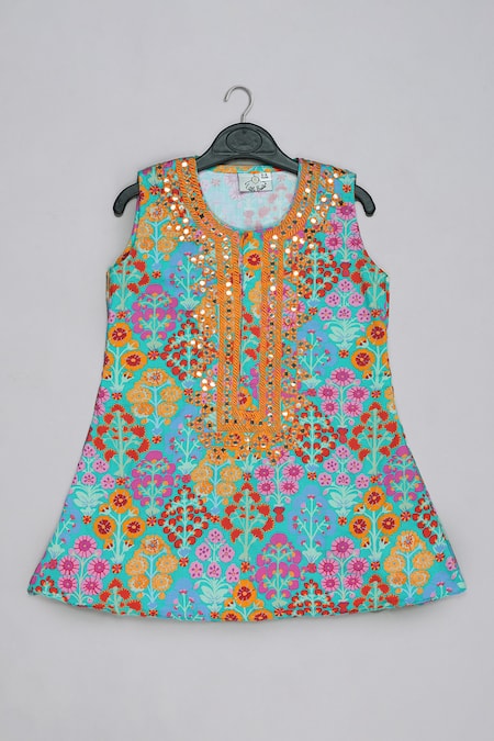 Shop_Little Brats_Blue Cotton, Silk Beads, Sequins, Embroidery Top And Sharara Set _Online_at_Aza_Fashions