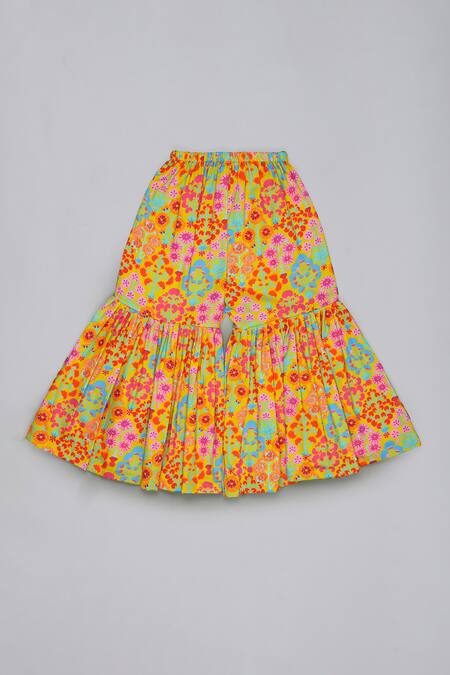 Little Brats_Mustard Cotton, Silk Sequins, Embroidery Top And Sharara Set _Online_at_Aza_Fashions