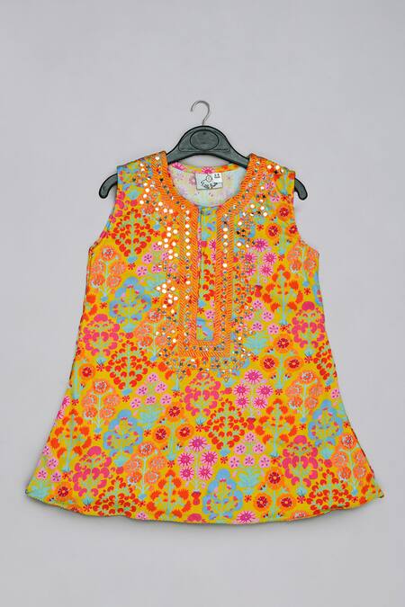 Shop_Little Brats_Mustard Cotton, Silk Sequins, Embroidery Top And Sharara Set _Online_at_Aza_Fashions