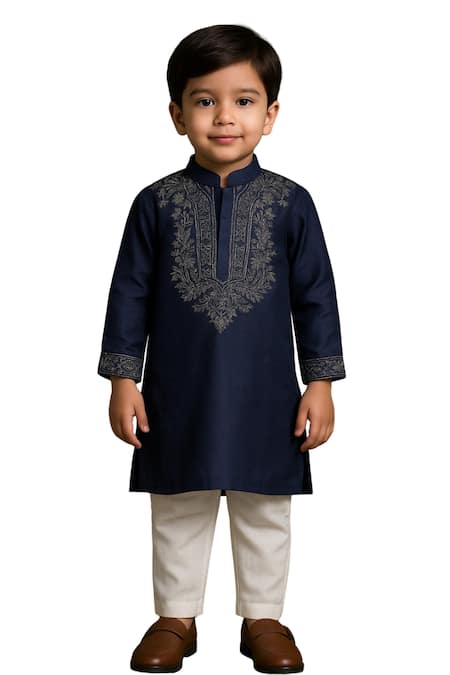 PAARSH Navy Linen, Satin, Cotton Embroidery Blue Designer Kurta Set 