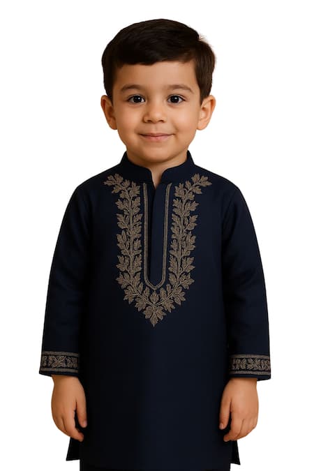 PAARSH Navy Linen, Satin, Cotton Embroidery Blue Designer Kurta Set Online at Aza Fashions PAARSH_Navy Linen, Satin, Cotton Embroidery Blue Designer Kurta Set _Online_at_Aza_Fashions
