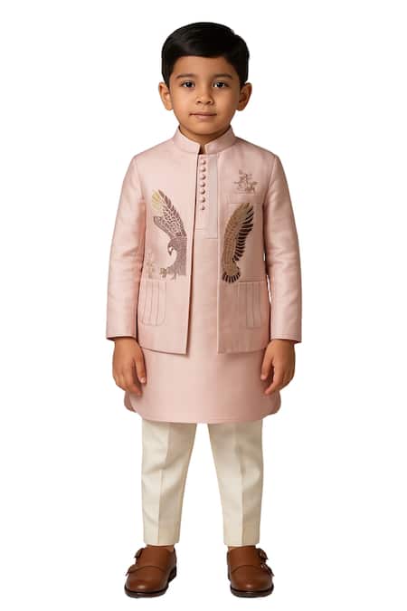 Paarsh Peach Linen, Satin, Cotton Embroidery Nehru Jacket Kurta Pant Set 