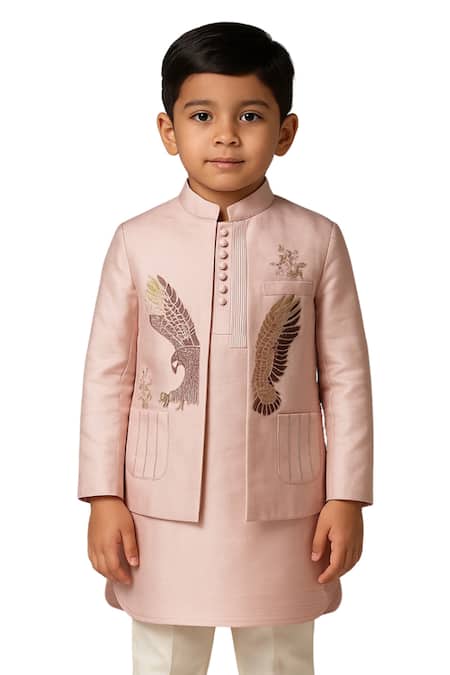 PAARSH_Peach Linen, Satin, Cotton Embroidery Nehru Jacket Kurta Pant Set _Online_at_Aza_Fashions