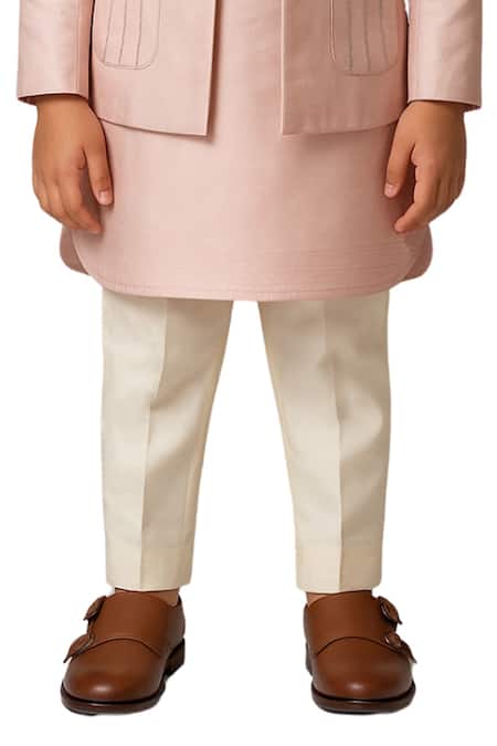 Buy_PAARSH_Peach Linen, Satin, Cotton Embroidery Nehru Jacket Kurta Pant Set _Online_at_Aza_Fashions