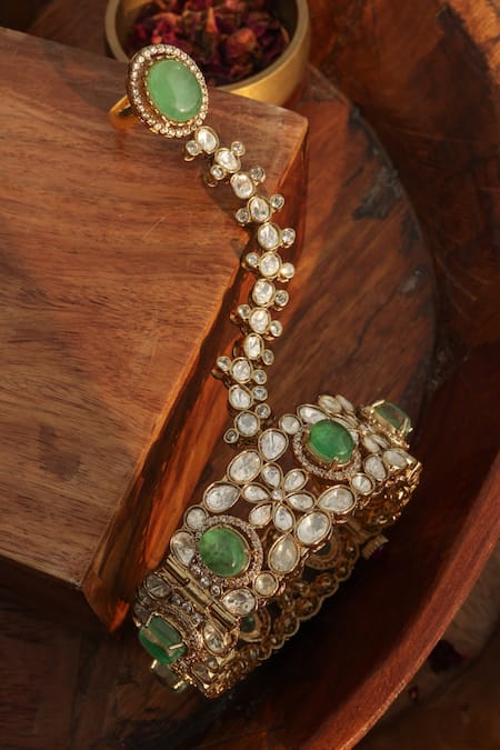 Buy Paisley Pop Mint Imitation Gemstones Polki Statement Hathphool Online at Aza Fashions Buy_Paisley Pop_Mint Imitation Gemstones Polki Statement Hathphool _Online_at_Aza_Fashions