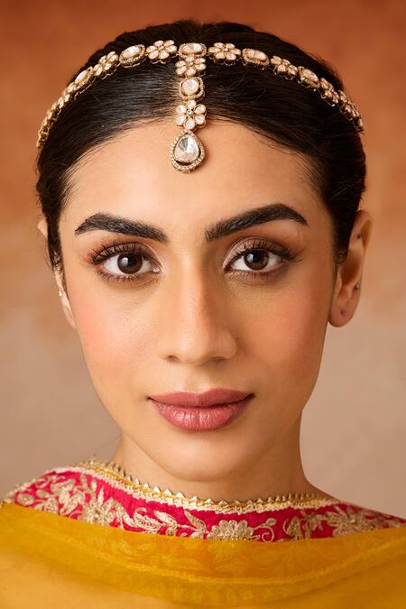 Paisley Pop_Gold Plated Floral Victorian Polki Mathapatti _Online_at_Aza_Fashions