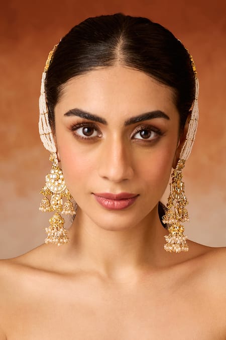 Paisley Pop Gold Plated Pearls Kundan Jhumka Earrings With Kaan Chain Online at Aza Fashions Paisley Pop_Gold Plated Pearls Kundan Jhumka Earrings With Kaan Chain _Online_at_Aza_Fashions