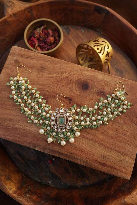 Paisley Pop Mint Pearls, Stones Polki Braid Pin Online at Aza Fashions Paisley Pop_Mint Pearls, Stones Polki Braid Pin _Online_at_Aza_Fashions