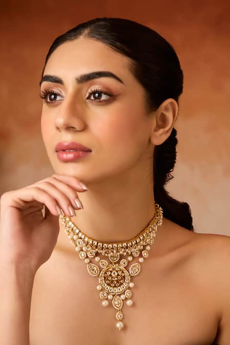 Paisley Pop Gold Plated Pearls, Stones Kundan Necklace Set Online at Aza Fashions Paisley Pop_Gold Plated Pearls, Stones Kundan Necklace Set _Online_at_Aza_Fashions
