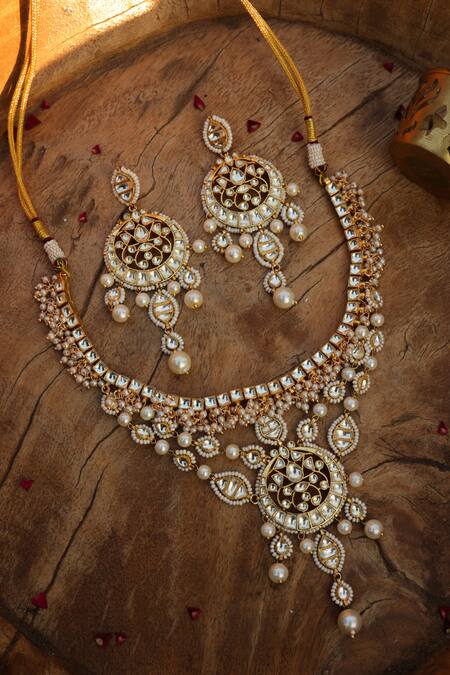 Shop Paisley Pop Gold Plated Pearls, Stones Kundan Necklace Set Online at Aza Fashions Shop_Paisley Pop_Gold Plated Pearls, Stones Kundan Necklace Set _Online_at_Aza_Fashions