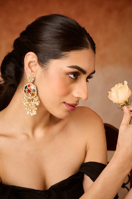 Buy_Paisley Pop_Multi Color Pearls, Stones Navrattan Kundan And Earrings _Online_at_Aza_Fashions