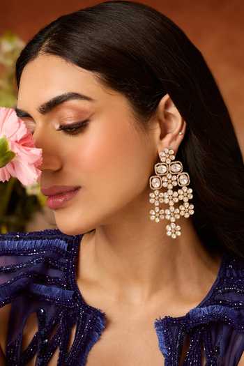 Paisley Pop_Gold Plated Crystals, Stones Floral Victorian Polki Earrings _Online_at_Aza_Fashions