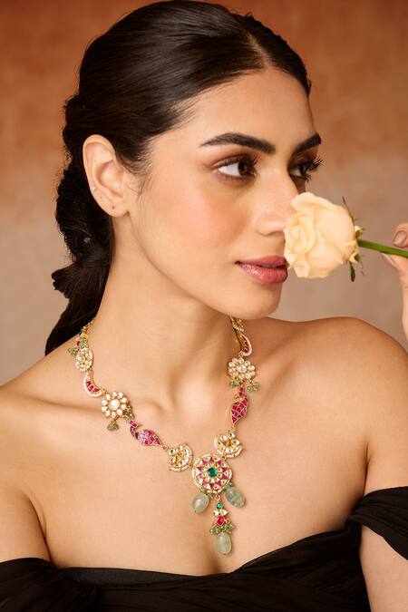 Paisley Pop_Pink Multicolored Kundan Necklace _Online_at_Aza_Fashions