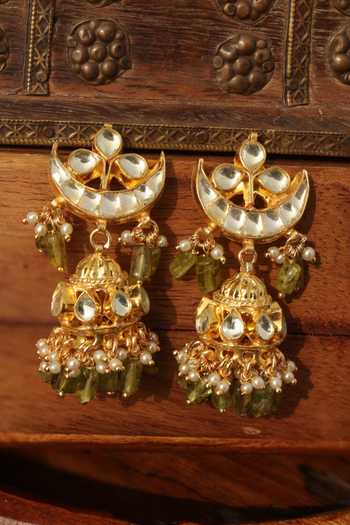 Shop Paisley Pop Green Pearls, Stones Kundan Jhumka Earrings at Aza Fashions Shop_Paisley Pop_Green Pearls, Stones Kundan Jhumka Earrings _at_Aza_Fashions
